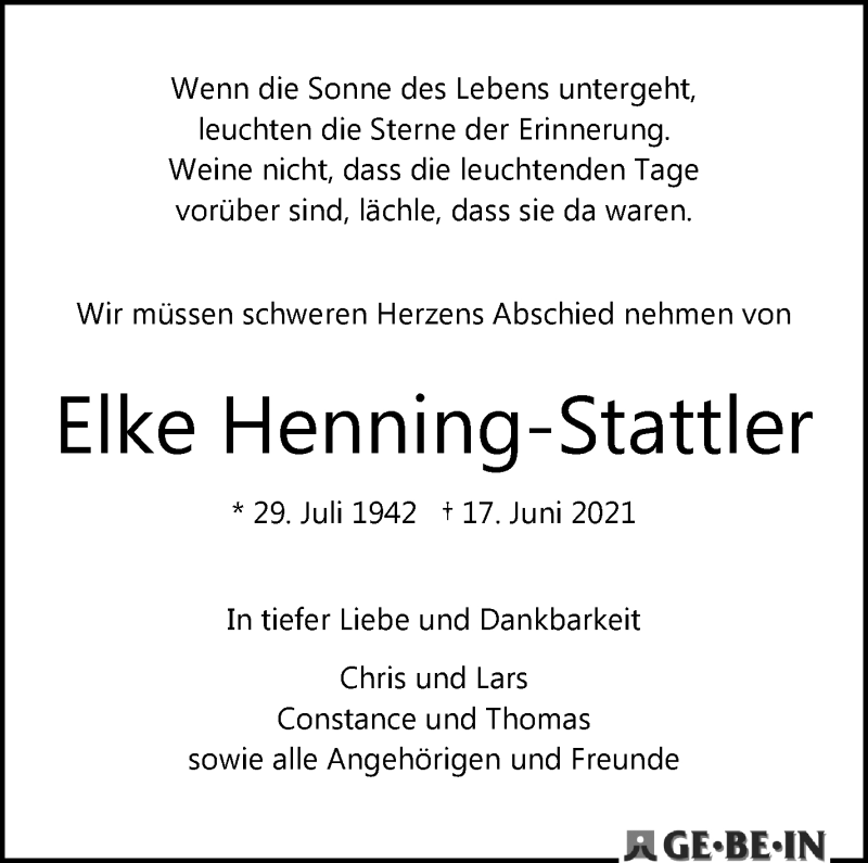 Traueranzeige von Elke Henning-Stattler von Die Norddeutsche