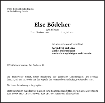 Traueranzeige von Else Bödeker