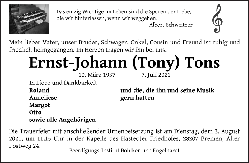  Traueranzeige für Ernst-Johann Tons vom 17.07.2021 aus WESER-KURIER