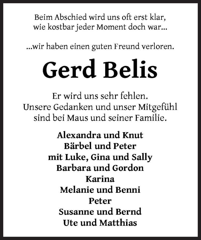 Traueranzeige von Gerd Belis von WESER-KURIER