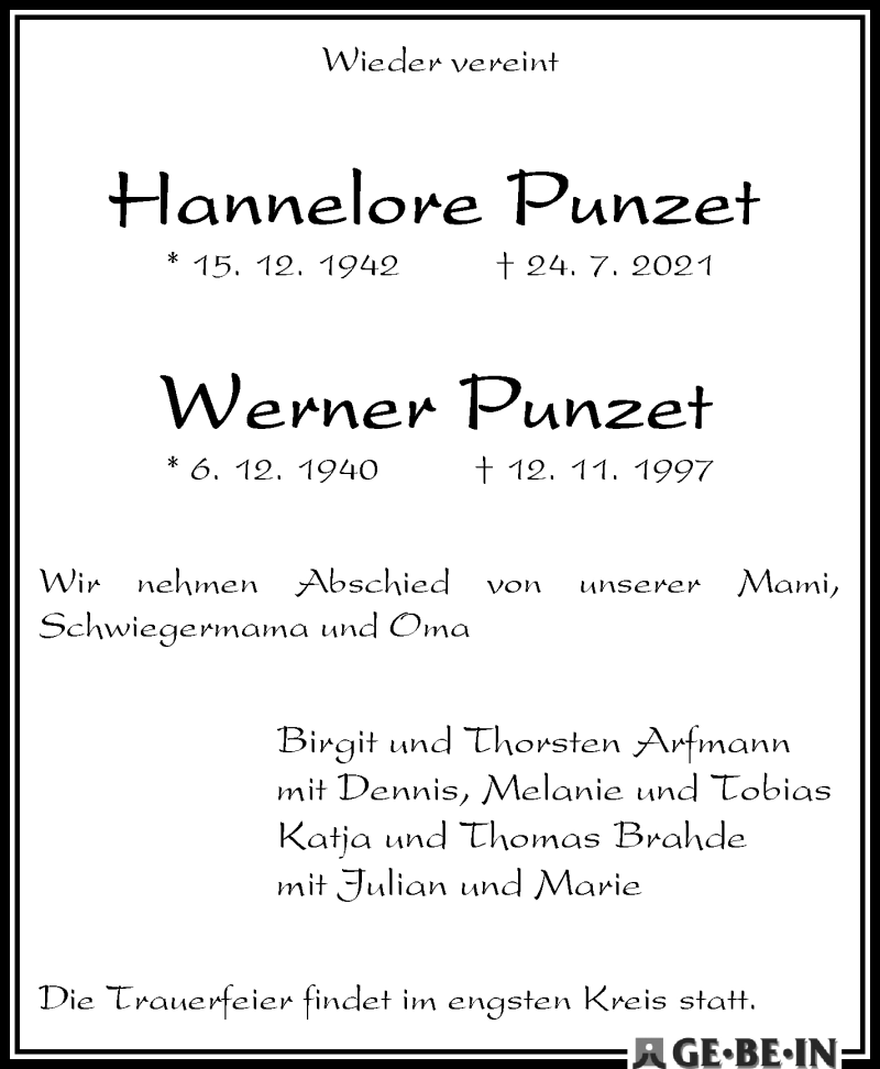Traueranzeige von Hannelore und Werner Punzet von WESER-KURIER