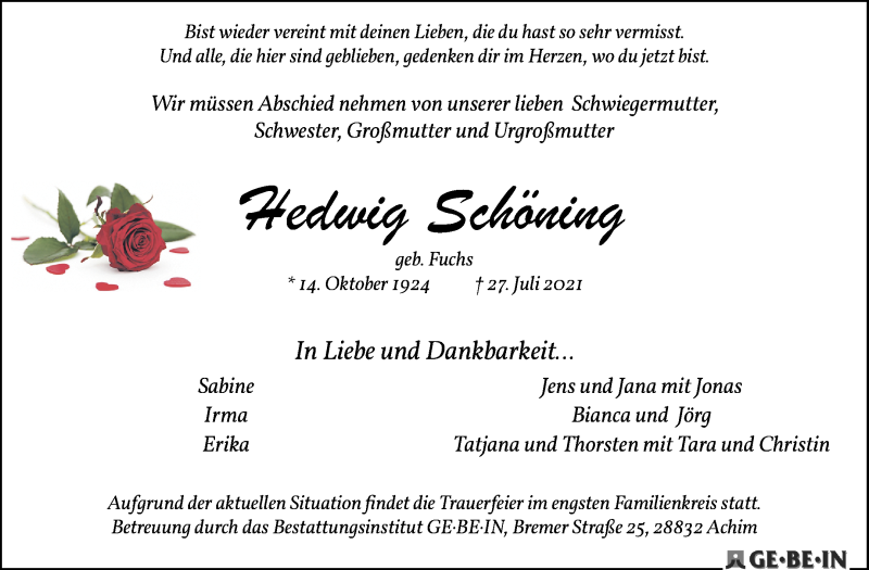 Traueranzeige von Hedwig Schöning von Achimer Kurier/Verdener Nachrichten
