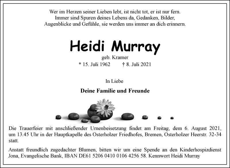  Traueranzeige für Heidi Murray vom 31.07.2021 aus WESER-KURIER