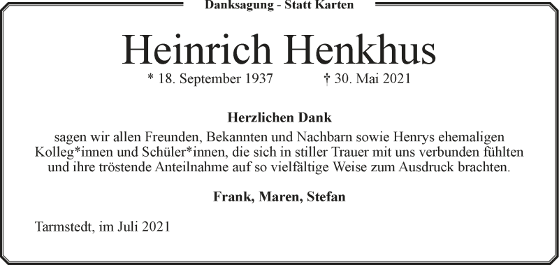 Traueranzeige von Heinrich Henkhus von Wuemme Zeitung