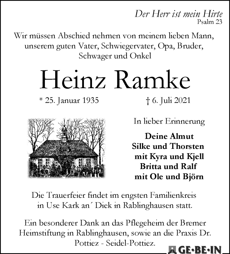  Traueranzeige für Heinz Ramke vom 10.07.2021 aus WESER-KURIER