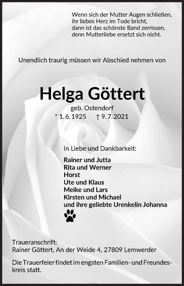  Traueranzeige für Helga Göttert vom 17.07.2021 aus Die Norddeutsche