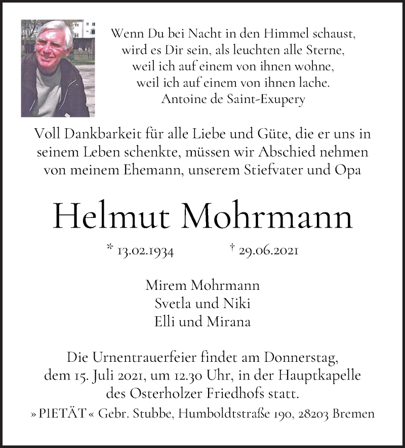  Traueranzeige für Helmut Mohrmann vom 03.07.2021 aus WESER-KURIER