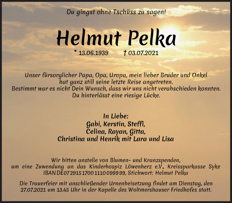 Traueranzeige von Helmut Pelka von WESER-KURIER