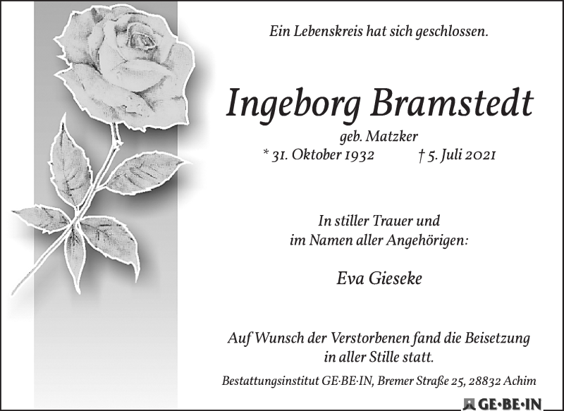 Traueranzeige von Ingeborg Bramstedt von WESER-KURIER