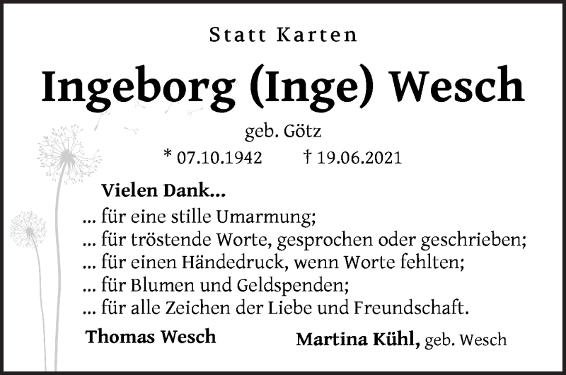Traueranzeige von Ingeborg Wesch von WESER-KURIER