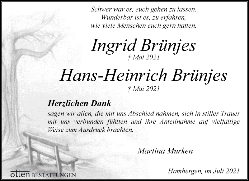 Traueranzeige von Ingrid und Hans-Heinrich Brünjes von Osterholzer Kreisblatt
