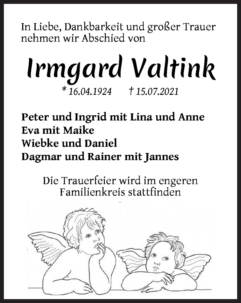  Traueranzeige für Irmgard Valtink vom 21.07.2021 aus WESER-KURIER