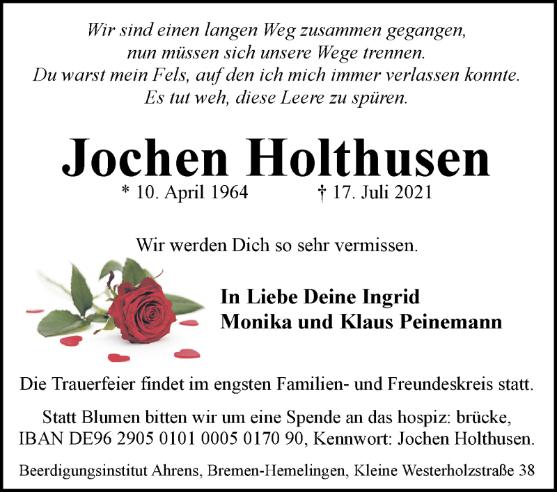  Traueranzeige für Jochen Holthusen vom 24.07.2021 aus WESER-KURIER