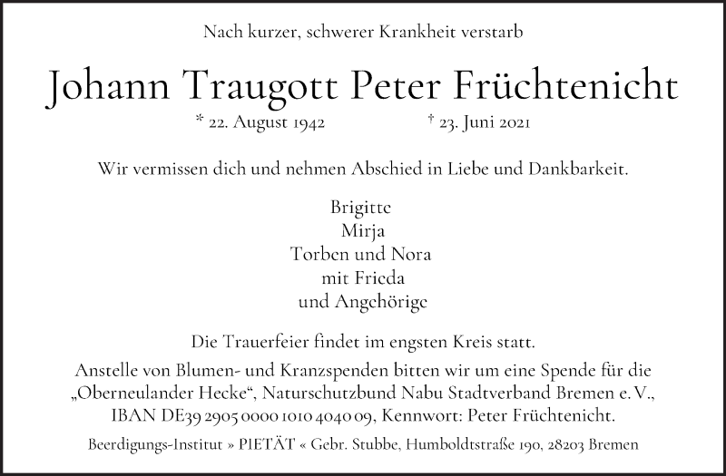  Traueranzeige für Johann Traugott Peter Früchtenicht vom 03.07.2021 aus WESER-KURIER