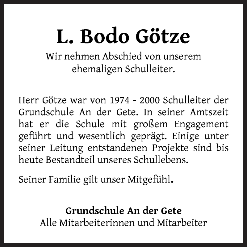 Traueranzeige von L. Bodo Götze von WESER-KURIER