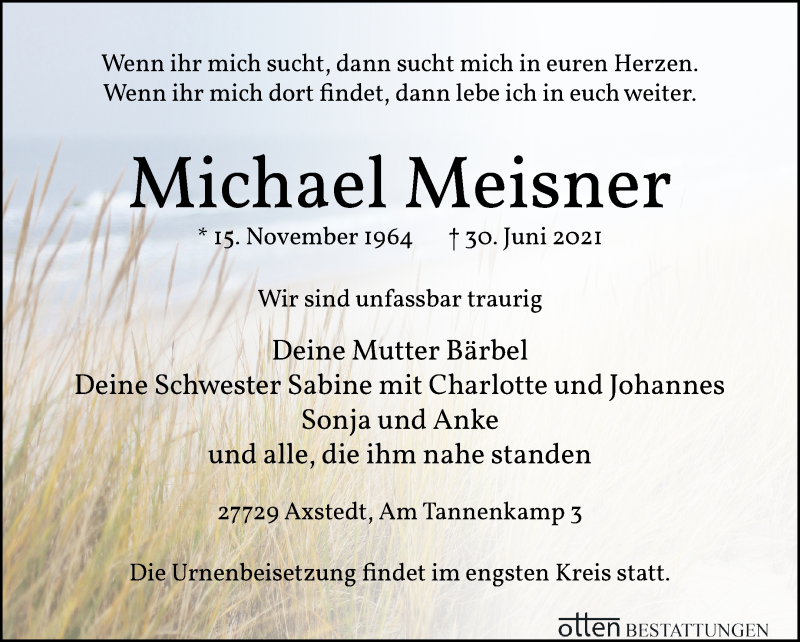  Traueranzeige für Michael Meisner vom 07.07.2021 aus Osterholzer Kreisblatt