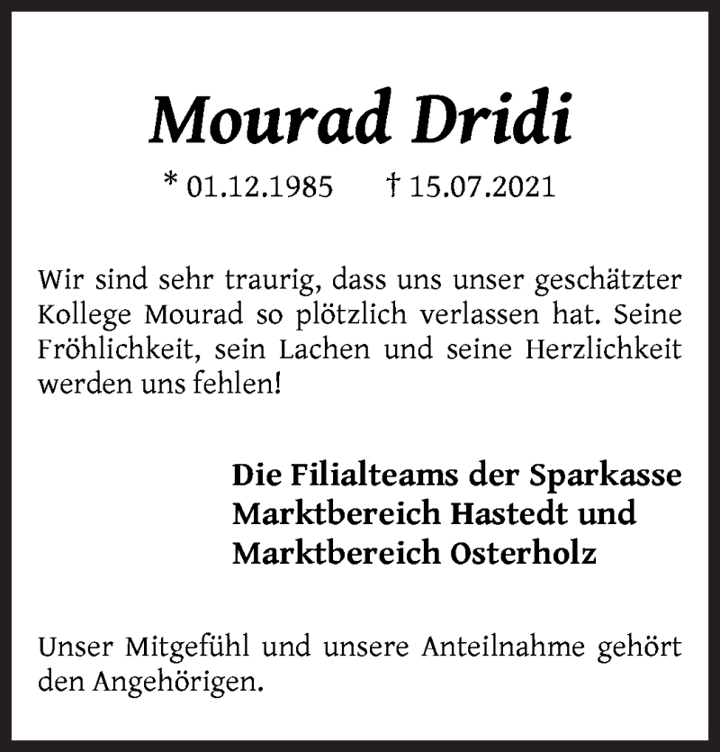  Traueranzeige für Mourad Dridi vom 24.07.2021 aus WESER-KURIER