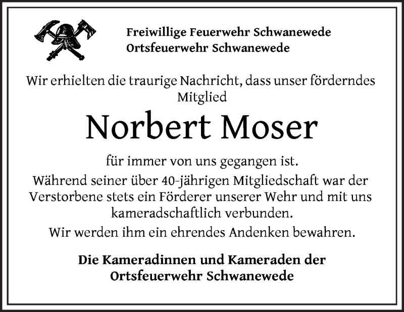  Traueranzeige für Norbert Moser vom 30.07.2021 aus Die Norddeutsche