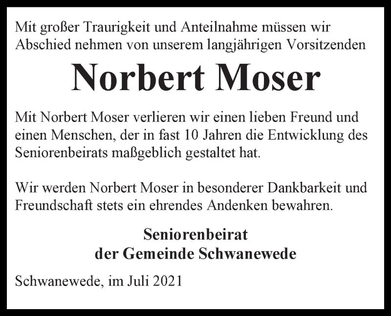  Traueranzeige für Norbert Moser vom 31.07.2021 aus Die Norddeutsche