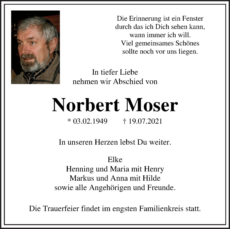  Traueranzeige für Norbert Moser vom 28.07.2021 aus Die Norddeutsche