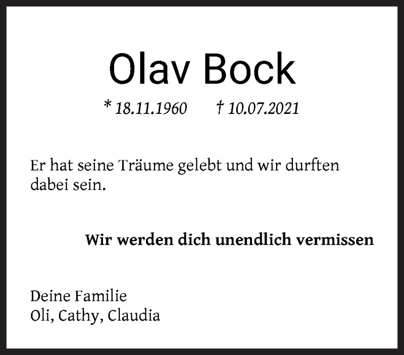  Traueranzeige für Olav Bock vom 14.07.2021 aus WESER-KURIER