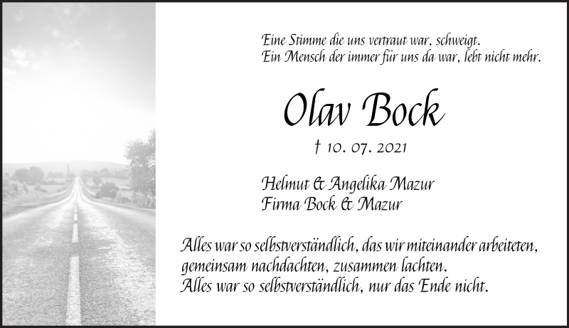  Traueranzeige für Olav Bock vom 24.07.2021 aus WESER-KURIER