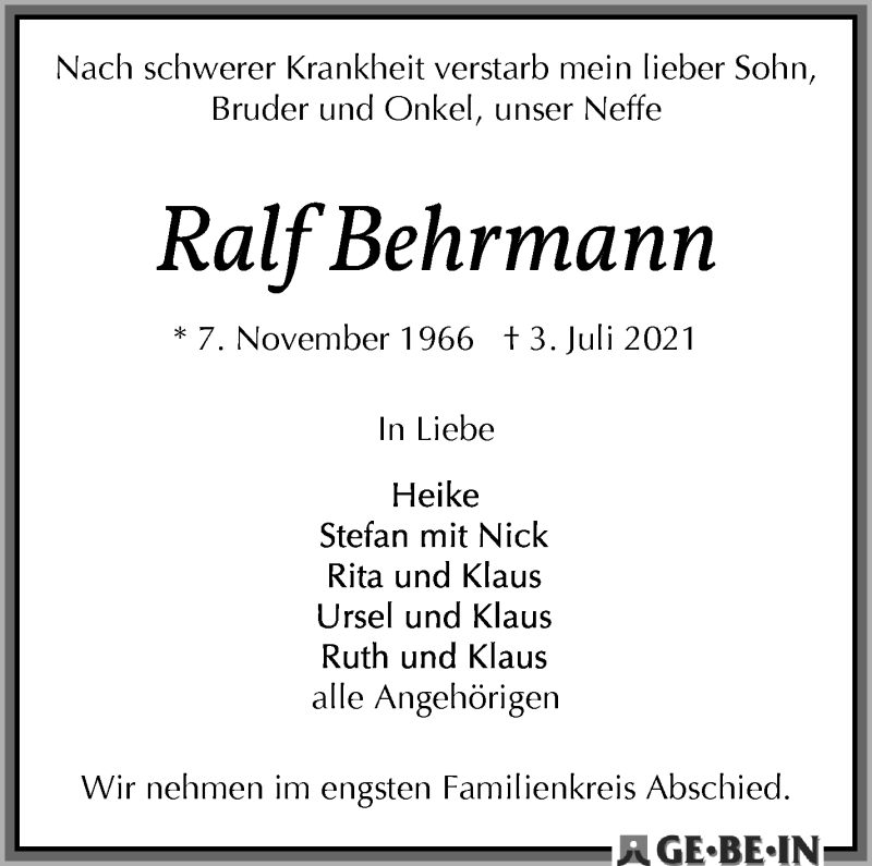  Traueranzeige für Ralf Behrmann vom 10.07.2021 aus WESER-KURIER