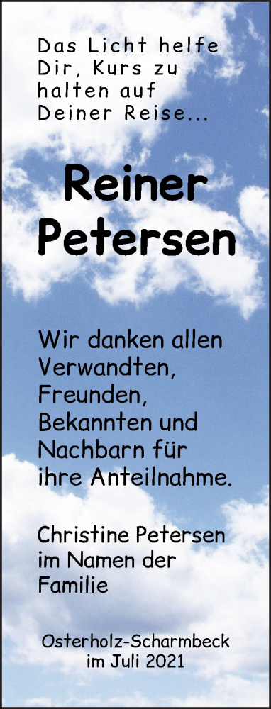  Traueranzeige für Reiner Petersen vom 17.07.2021 aus Osterholzer Kreisblatt