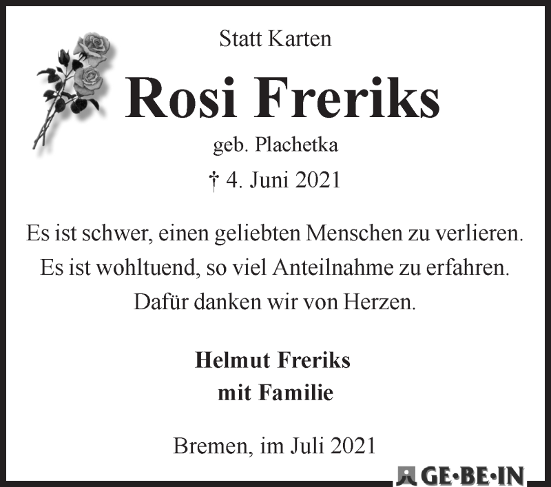 Traueranzeige von Roswitha Freriks von WESER-KURIER