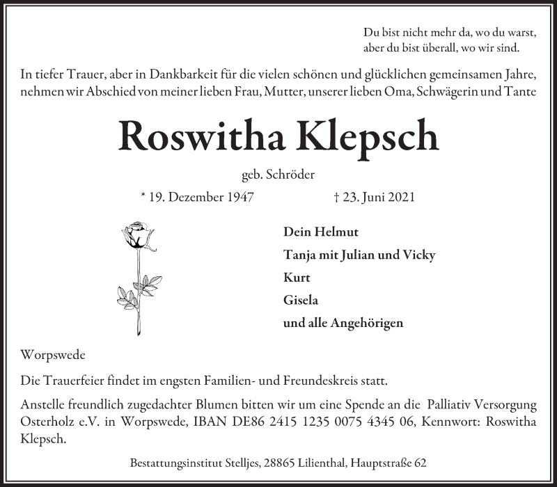  Traueranzeige für Roswitha Klepsch vom 03.07.2021 aus Wuemme Zeitung
