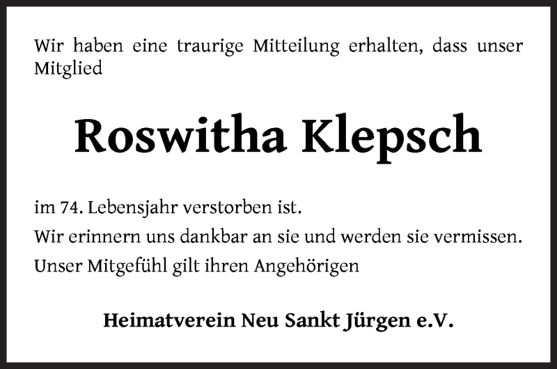 Traueranzeige für Roswitha Klepsch vom 06.07.2021 aus Wuemme Zeitung