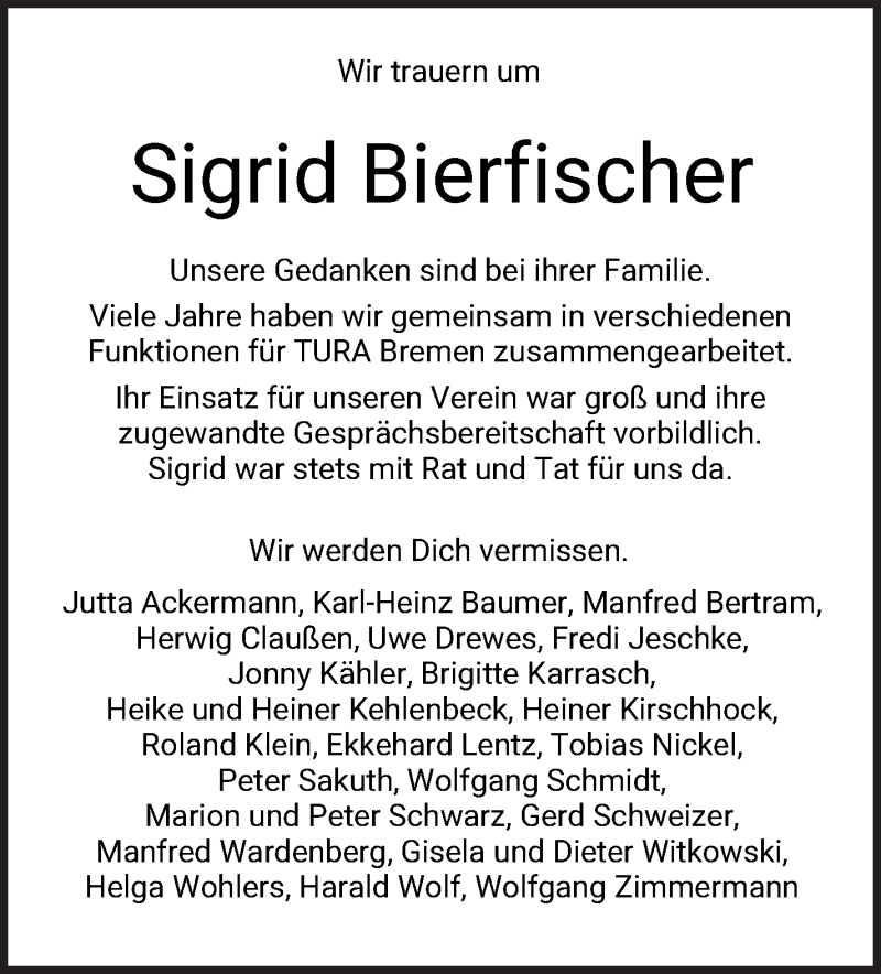  Traueranzeige für Sigrid Bierfischer vom 28.07.2021 aus WESER-KURIER