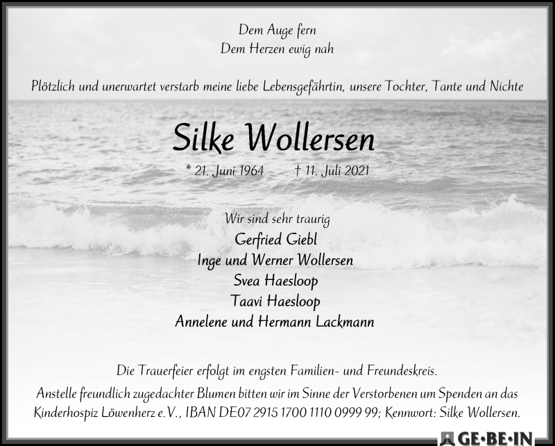  Traueranzeige für Silke Wollersen vom 17.07.2021 aus WESER-KURIER