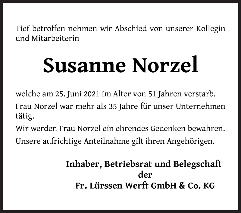  Traueranzeige für Susanne Norzel vom 03.07.2021 aus Die Norddeutsche