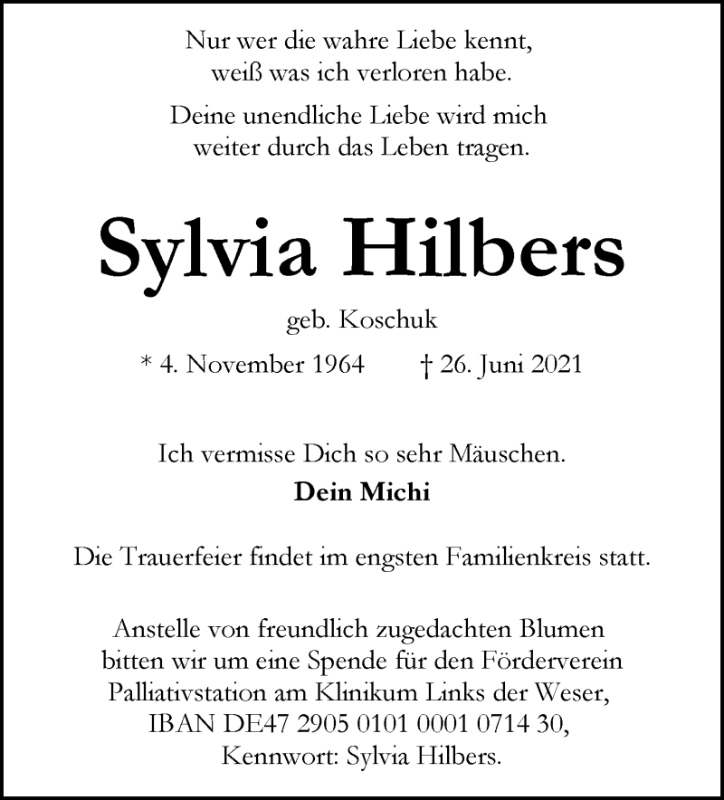  Traueranzeige für Sylvia Hilbers vom 03.07.2021 aus WESER-KURIER