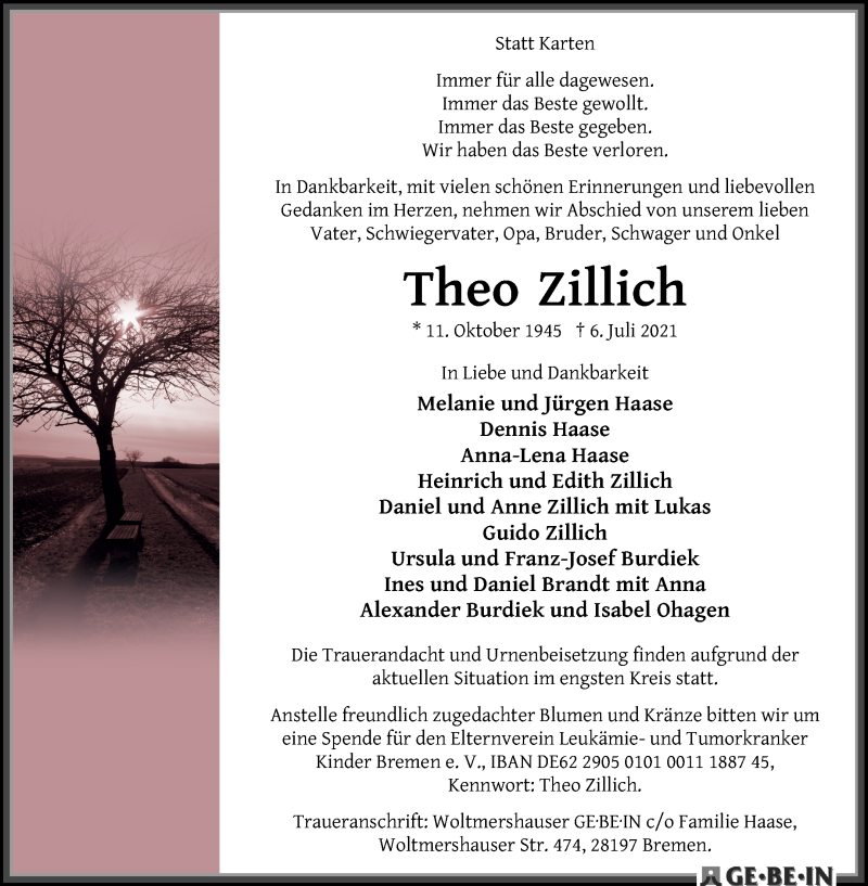  Traueranzeige für Theo Zillich vom 17.07.2021 aus WESER-KURIER