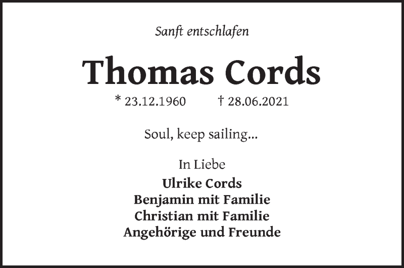  Traueranzeige für Thomas Cordes vom 03.07.2021 aus WESER-KURIER