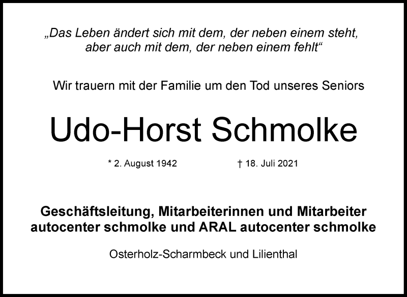  Traueranzeige für Udo-Horst Schmolke vom 23.07.2021 aus Wuemme Zeitung