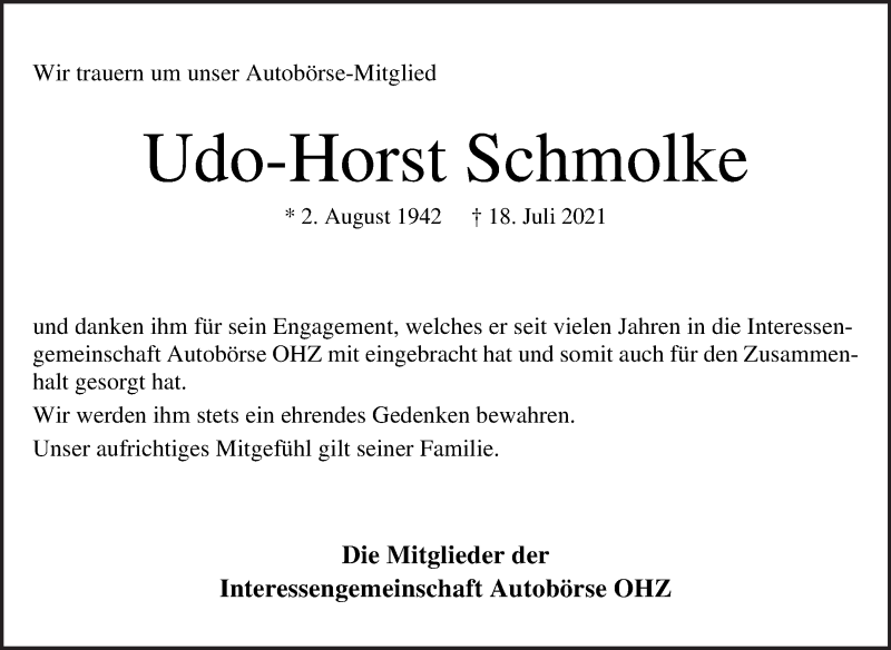  Traueranzeige für Udo-Horst Schmolke vom 23.07.2021 aus Die Norddeutsche