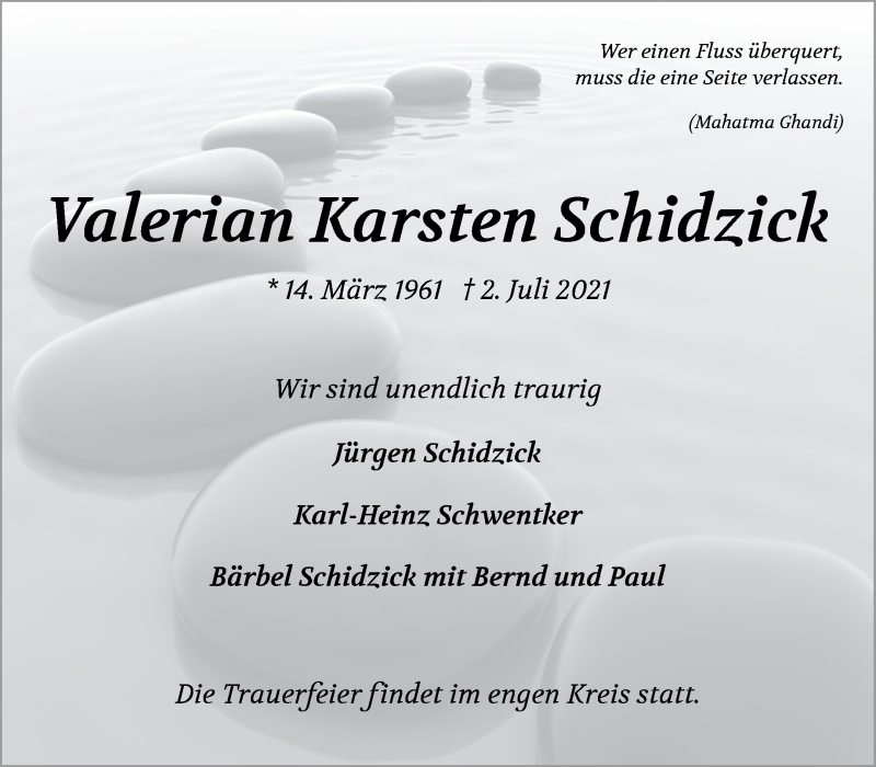  Traueranzeige für Valerian Karsten Schidzick vom 17.07.2021 aus WESER-KURIER