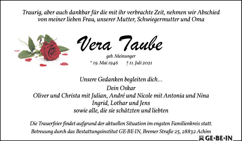  Traueranzeige für Vera Taube vom 17.07.2021 aus Achimer Kurier/Verdener Nachrichten