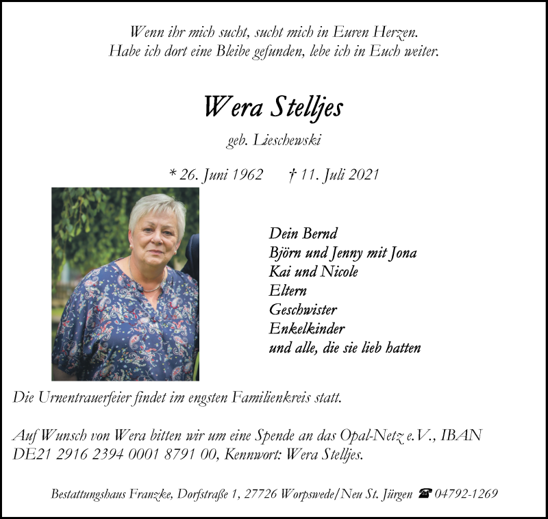  Traueranzeige für Wera Stelljes vom 14.07.2021 aus Wuemme Zeitung