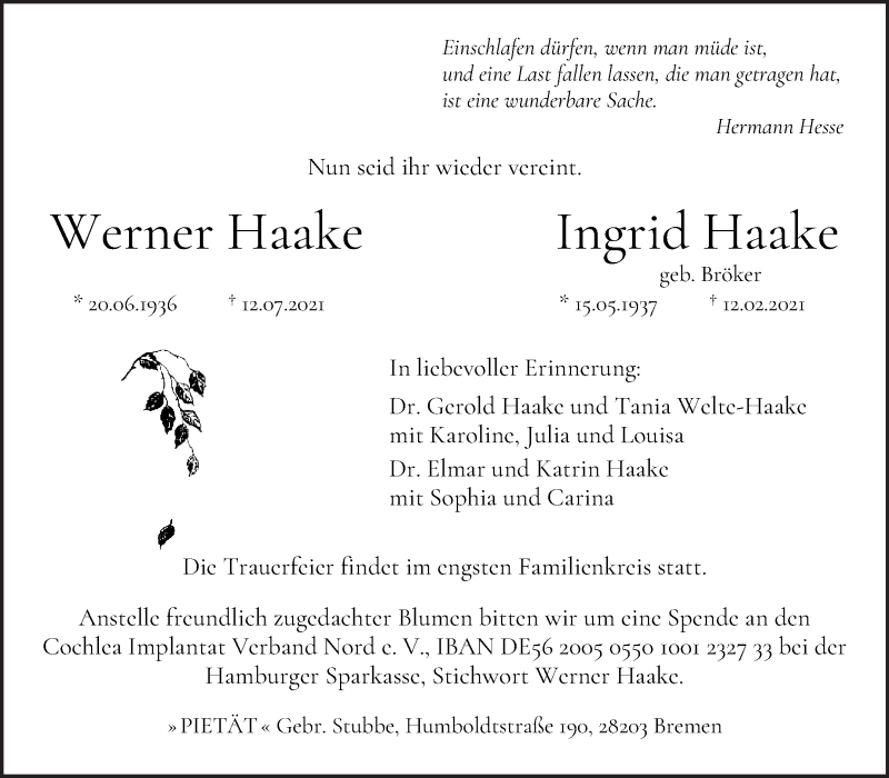  Traueranzeige für Werner und Ingrid Haake vom 17.07.2021 aus WESER-KURIER