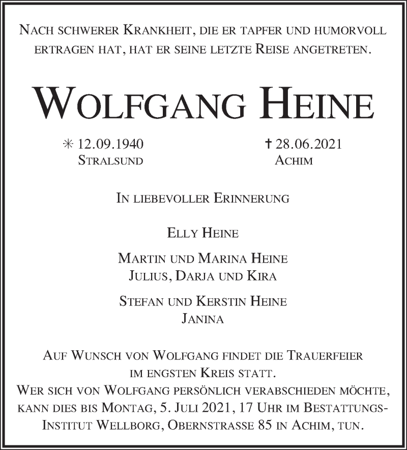  Traueranzeige für Wolfgang Heine vom 02.07.2021 aus Achimer Kurier/Verdener Nachrichten