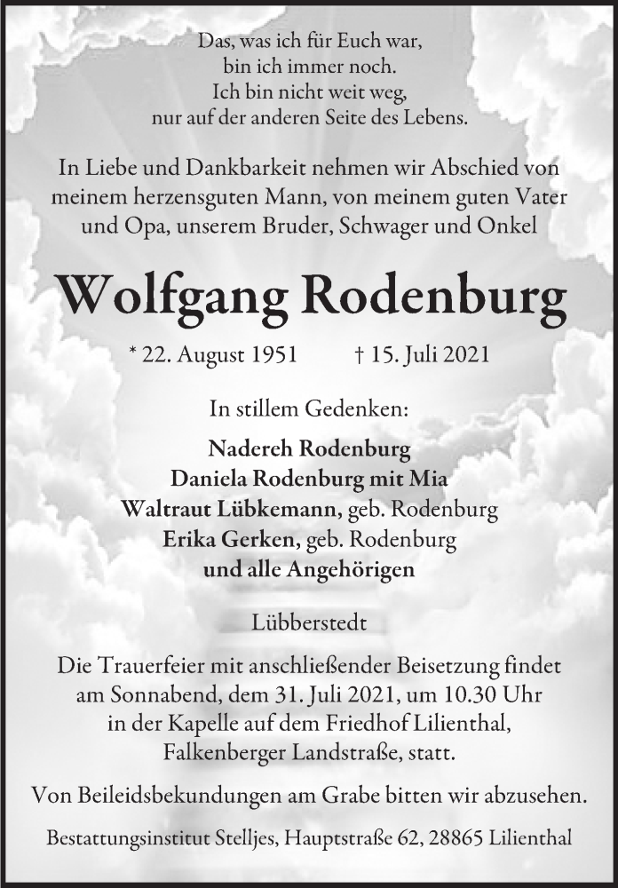  Traueranzeige für Wolfgang Rodenburg vom 27.07.2021 aus Wuemme Zeitung
