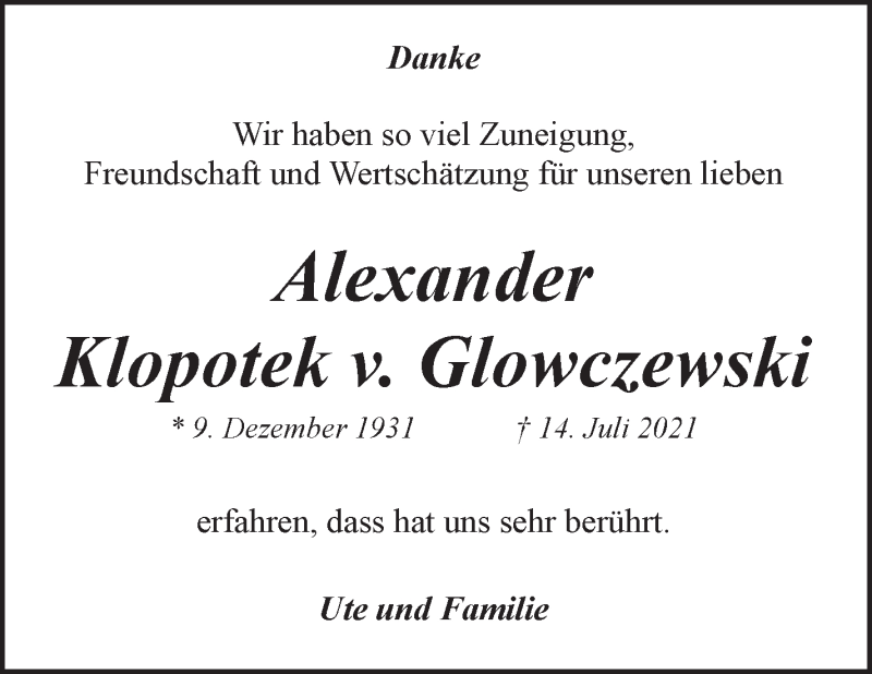 Traueranzeige von Alexander Klopotek v. Glowczewski von WESER-KURIER