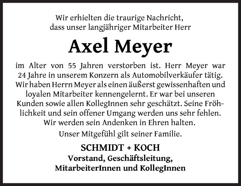  Traueranzeige für Axel Meyer vom 07.08.2021 aus WESER-KURIER