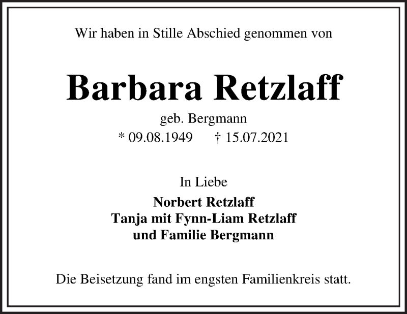  Traueranzeige für Barbara Retzlaff vom 14.08.2021 aus WESER-KURIER