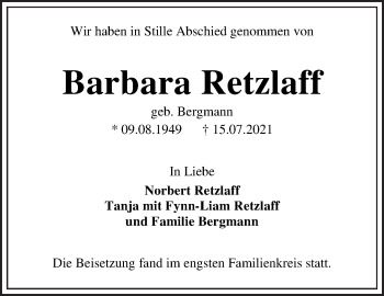 Traueranzeige von Barbara Retzlaff