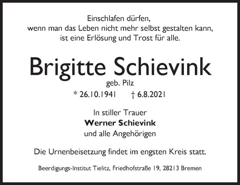  Traueranzeige für Brigitte Schievink vom 14.08.2021 aus WESER-KURIER